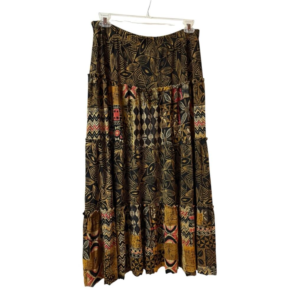 Vikki Vi Black and Gold Patchwork Tiered Maxi Skirt 1X - Picture 2 of 4